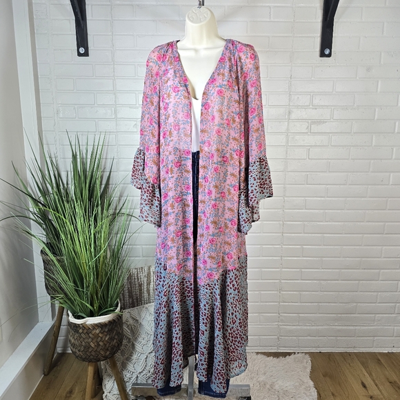 Umgee Tops - Umgee Pink and Blue Floral Animal Print Duster Kimono Large